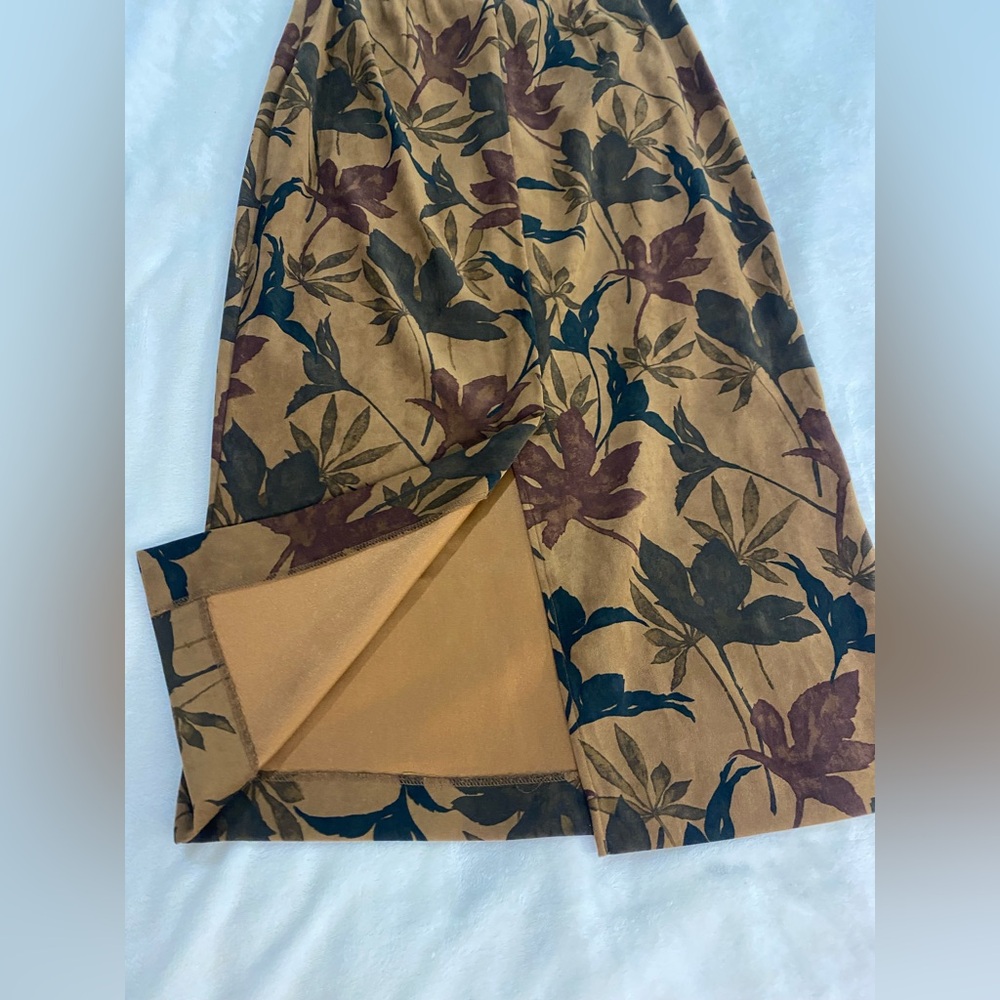 VTG Stonebridge Boho Maxi Skirt Leaf Brown Navy Gold Earthy Aesthetic Slit 8P - Picture 9 of 13